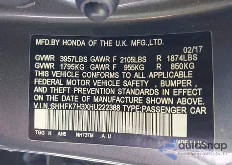 2017 Honda Civic Lx z USA, uszkodzony, nr VIN SHHFK7H3XHU222388